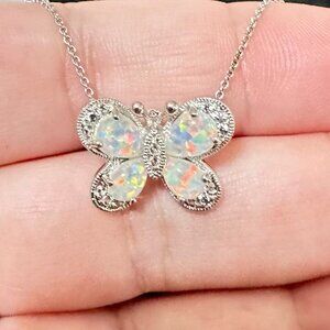 White Sapphire & Opal Sterling Silver Butterfly Pendant 18" Necklace Orig Tags